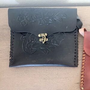 Black Leather Floral Embossed Crossbody Bag